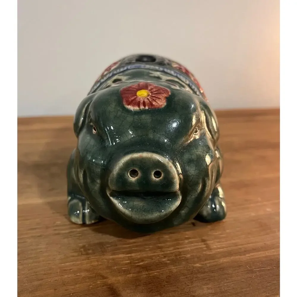 Gump’s Ceramic Piggy Bank Green Celadon Double‎ Happiness Asian Decor